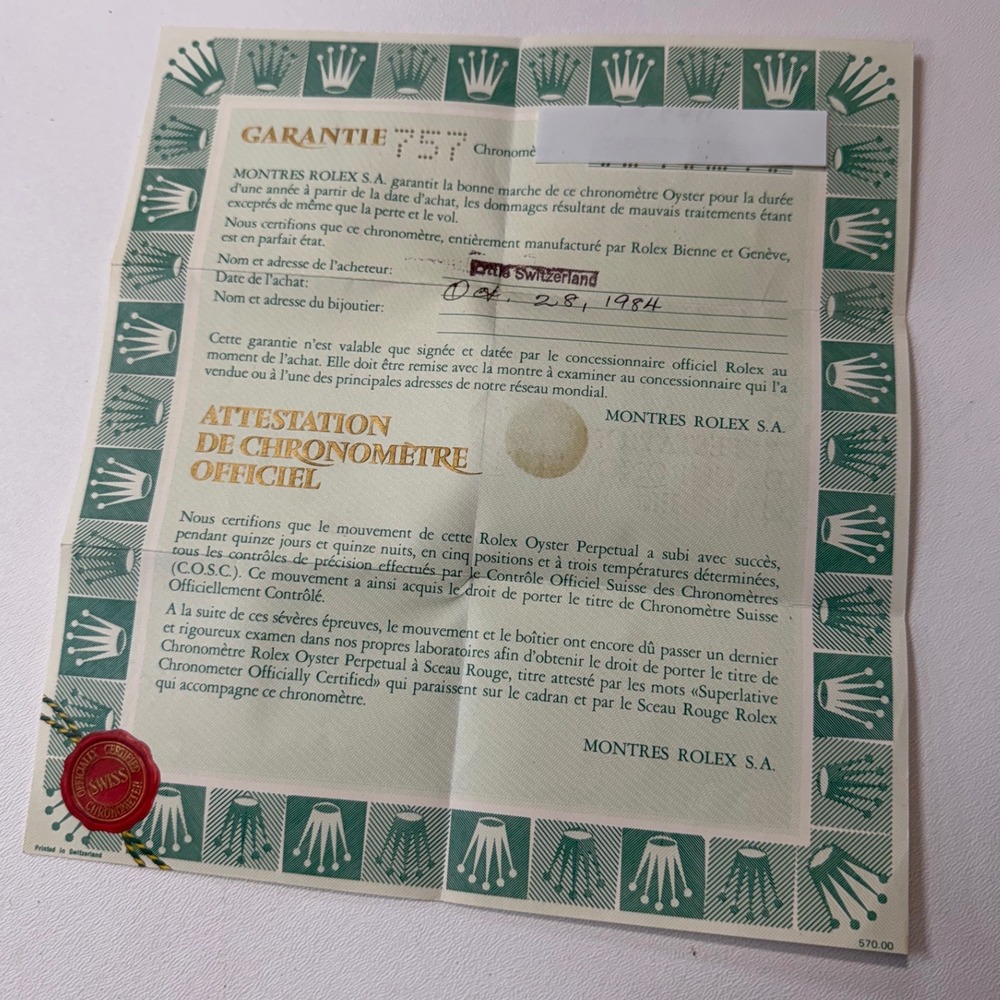 Vintage Rolex 16013 Datejust Warranty Paper Attestation Chronometer 1984 570.00